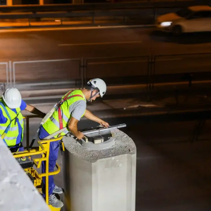 Operario con equipo de seguridad (EPI) ajustando anclajes sobre un pilar de hormigón en la obra del carril BUS VAO de Málaga.